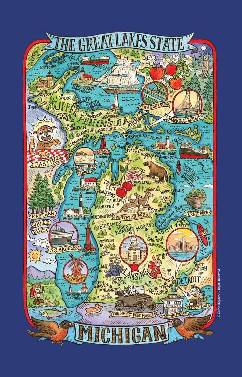 Adventure Destinations Michigan Map Tea Towel